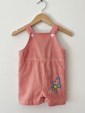 KELLYA KIDS EUC Boys Seersucker Gingham Embroidered Monkey Summer Shortall